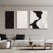 黑白抽象客厅装饰画侘寂风极简沙发背景墙挂画立体砂岩肌理三联画