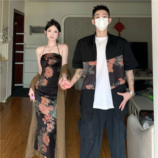 新中式情侣装夏季小众设计感短袖衬衫男女，两件套法式一裙一衣潮流