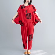 2024夏季韩版宽松两件套女装，胖妹妹显瘦遮肉印牡丹花红色套装