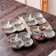 日式和风手绘釉下彩陶瓷四格菜盘 汤盘 冷菜盘 快餐盘 水果平盘