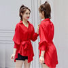 衬衫女设计感小众上衣2024红色中长雪纺衫系带前短后长不规则衬衣