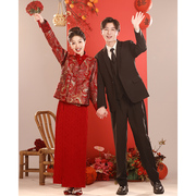 新中式敬酒服套装2023新娘酒(新娘酒)红色，旗袍冬季长袖婚服订婚礼服裙