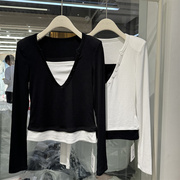 SJBY假两件长袖t恤女春季设计感修身显瘦短款打底衫上衣69391