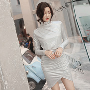 春夏白色长袖立领性感修身显瘦连衣裙品牌高级美少女潮流