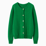 圆领绞花厚款纯山羊绒开衫，秋冬针织长袖百搭外套羊毛衣衫绿色