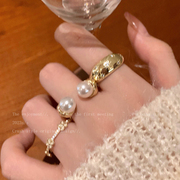 珍珠锆石开口戒指女2023轻奢高级感食指戒小众设计闺蜜指环潮