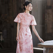 新中式粉色奥黛旗袍2024年轻款气质高端复古国风收腰高级感连衣裙