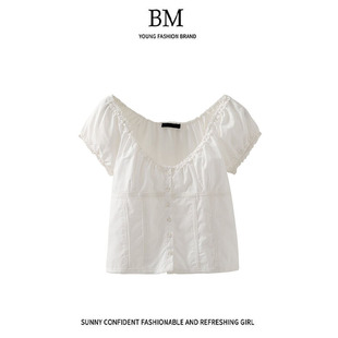 brandygyaru法式v领叠穿bm短袖，开衫泡泡袖白色短款甜辣上衣夏季