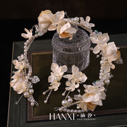 法式缎面香槟色花朵水晶珍珠发箍花环婚礼头饰婚纱新娘配饰品