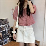韩国短袖衬衫女设计感小众夏季法式甜美短款上衣方领小个子娃娃衫
