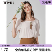tmi天谜女装夏季纯色泡泡短袖，方领复古雪纺，衫简约上衣212108