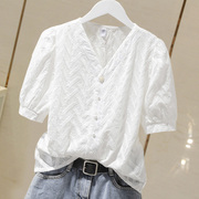 纯棉衬衫女短袖2024夏季设计感小众气质刺绣V领白色半袖上衣