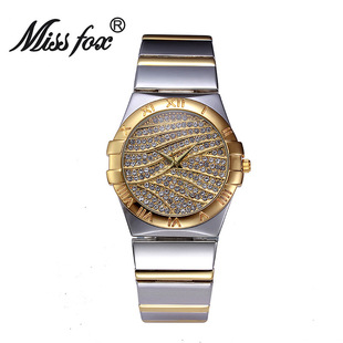 品牌士石英时装潮流镶水钻表带V230手表女时尚圆形金色国产腕表
