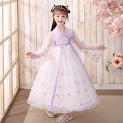 女童汉服薄款中国风唐装蕾丝网纱紫色透气连衣公主裙子