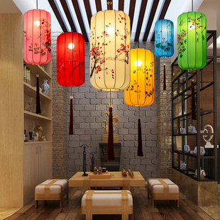 中式布艺手绘灯笼仿古典宫灯餐厅茶楼过道，创意冬瓜长形布艺吊灯具