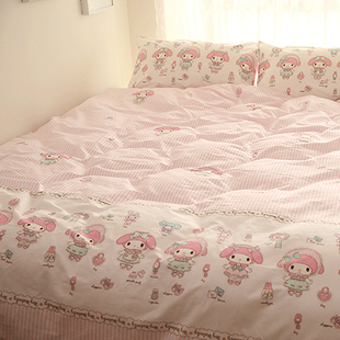 小米馍馍粉色条纹，卡通可爱精梳纯棉，少女床单床笠四件套床上用品