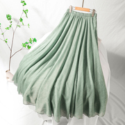 绿色棉麻半身裙女春秋高腰，双层民族风，禅意女装新中式长裙亚麻裙子