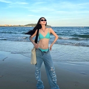 泳衣女款三点式辣妹泳装海边分体蓝色比基尼小胸聚拢性感套装度假