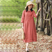 文艺亚麻纯色刺绣半袖连衣裙，女夏季中式套头，宽松小个子中长裙