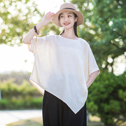 棉麻T恤女2024 文艺时尚设计感不规则短袖上衣夏季休闲蝙蝠衫