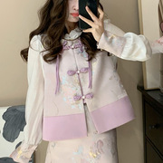 n2101中式复古两件套西装，外套女粉色宽松高级感纯色衬衣套装春季
