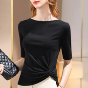 韩国黑色中袖T恤女夏季2023年纯色修身显瘦不规则一字领上衣