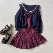 女童英伦学院风纯棉毛圈，卫衣+格纹半身裙裤，儿童宝宝两件套装