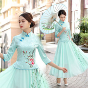 春夏季改良旗袍两件套时尚，唐装女上衣，复古中式汉服唐装茶人表演服
