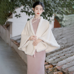 中式女装中国风优雅紫罗兰复古改良旗袍气质连衣裙搭毛呢斗篷披肩
