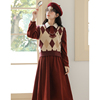 新年红色套装裙子秋冬季学生少女，复古学院风马甲连衣裙两件套
