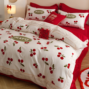 结婚床上用品全棉四件套婚庆婚房喜被床单被罩纯棉大红色婚礼被套