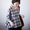 日本薄精细棉纱原创设计套头七分袖，夏季娃娃衫衬衫女上衣格子宽松