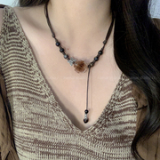 山茶花项链~民族风新中式陶瓷，编织锁骨链，2023年抽拉毛衣链女