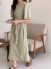 韩货薄荷绿连衣裙腰带，女高级感2023夏季圆领，极简风气质洋气长裙女