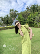 dressholic显白绿色条纹，衬衫裙清凉宽松短袖，休闲连衣裙茶歇长裙
