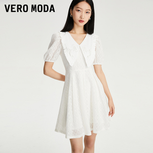 直播Vero Moda连衣裙2023夏季优雅甜美泡泡袖蕾丝娃娃领