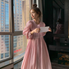 粉红色连衣裙2023春秋收腰，气质名媛裙子仙女超，仙森系法式长裙