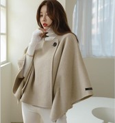 韩国时尚短款披肩蝙蝠袖毛呢，外套女斗篷，宽松纯色双面手缝羊绒大衣