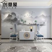 新中式意境水墨山水沙发，卧室客厅影视墙，壁画电视背景墙壁纸壁画