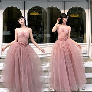 第二次心跳x24ss粉色抹胸晚礼服裙轻奢小众气质名媛玫瑰网纱长裙