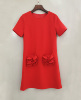 法式小众立体花朵口袋红色显瘦连衣裙超美时尚版型圆领气质小礼服