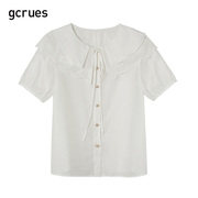 gcrues刺绣镂空衬衫女2024夏季单排扣短袖白色，娃娃领上衣系带