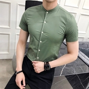 C65_绿夏款纯色立领韩版修身英伦店主男士短袖休闲衬衫P40