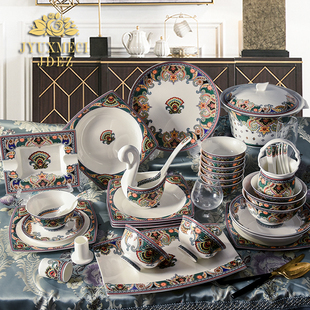 景德镇陶瓷碗碟60头豪华家用高档骨瓷餐具套装轻奢欧式瓷