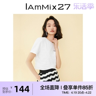 iammix27短袖套头t恤女夏季个性，蝴蝶结褶皱时尚百搭短款白色上衣