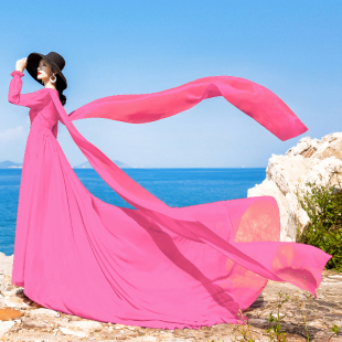 超仙气海边度假裙粉红色，拖尾连衣裙女波西米亚大摆微胖长裙子别致