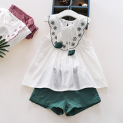 女童夏季短袖套装韩版时尚两件套刺绣，中大童纯棉洋气无袖t恤短裤