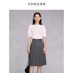 vgrass云母白色刺绣泡泡，袖短袖t恤女2024春夏，设计感上衣宽松