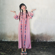 民族风度假云南西藏旅游刺绣棉麻，长裙七分袖，宽松波西米亚连衣裙夏