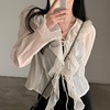 韩国ins春夏法式荷叶边系带，v领喇叭袖衬衫，女气质防晒雪纺开衫外套